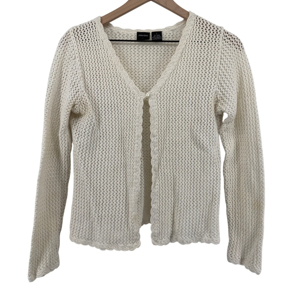 Vtg Xhilaration Cream Open Knit Crochet Cardigan Sweater Women L Ramie Airy Boho